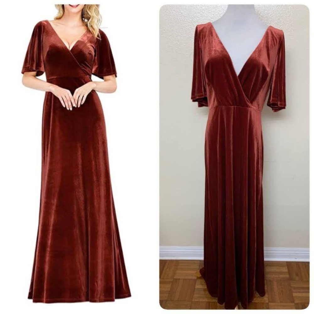 Ever Pretty V-Neck Retro Velvet Dress Gown Garnet